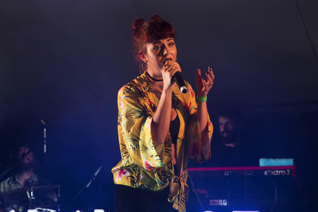 FARO, PORTUGAL: 1st SEPTEMBER, 2017 - Music band, Mimicat, performs on Festival F, a big festival on the city of Faro, Portugal.のeditorial素材