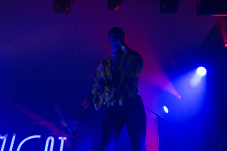 FARO, PORTUGAL: 1st SEPTEMBER, 2017 - Music band, Mimicat, performs on Festival F, a big festival on the city of Faro, Portugal.のeditorial素材