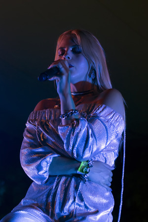 FARO, PORTUGAL: 2nd SEPTEMBER, 2017 - Music band, Diana Martinez & the crib, performs on Festival F, a big festival on the city of Faro, Portugal.のeditorial素材