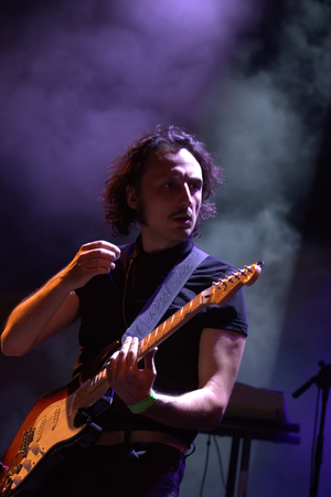 FARO, PORTUGAL: 31st SEPTEMBER, 2017 - Music band, Samuel Uria, performs on Festival F, a big festival on the city of Faro, Portugal.のeditorial素材