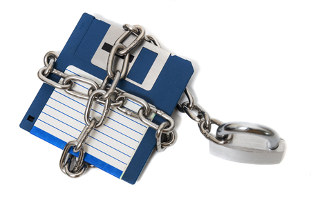 padlock with floppy disk and chain isolated on a white background.の写真素材