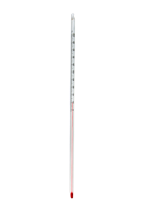 Close up view of a scientific long thermometer isolated on a white background.