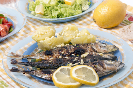 Grilled atlantic horse mackerel meal with salad and potatoes.の写真素材