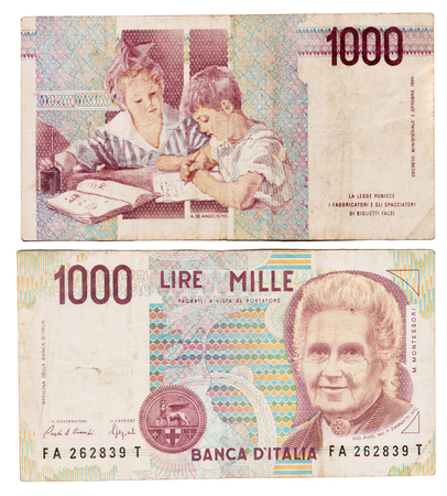 Obsolete Italian bank notes isolated on a white background.のeditorial素材