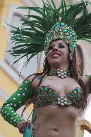 LOULE, PORTUGAL - FEB 2018: Colorful Carnival (Carnaval) Parade festival participants on Loule city, Portugal.のeditorial素材