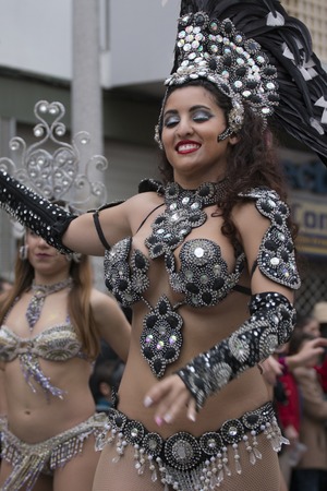 LOULE, PORTUGAL - FEB 2018: Colorful Carnival (Carnaval) Parade festival participants on Loule city, Portugal.のeditorial素材
