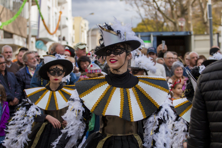 LOULE, PORTUGAL - FEB 2018: Colorful Carnival (Carnaval) Parade festival participants on Loule city, Portugal.のeditorial素材