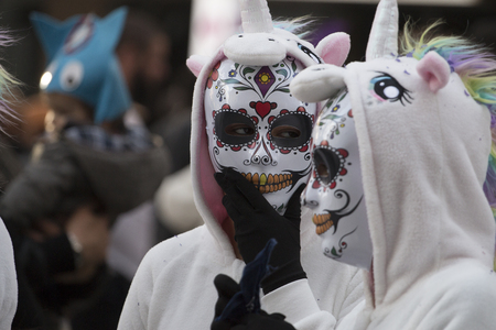 LOULE, PORTUGAL - FEB 2018: Colorful Carnival (Carnaval) Parade festival participants on Loule city, Portugal.のeditorial素材