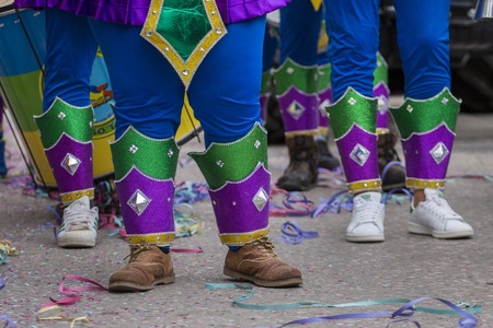 LOULE, PORTUGAL - FEB 2018: Colorful Carnival (Carnaval) Parade festival participants on Loule city, Portugal.のeditorial素材