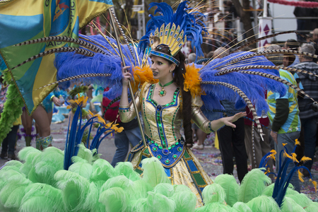 LOULE, PORTUGAL - FEB 2018: Colorful Carnival (Carnaval) Parade festival participants on Loule city, Portugal.のeditorial素材