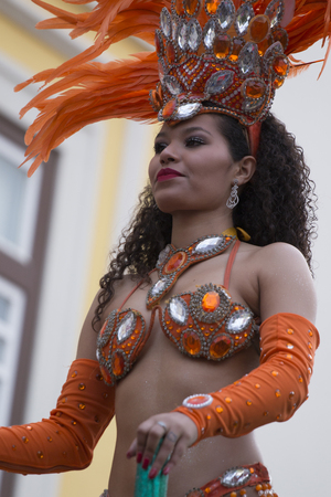 LOULE, PORTUGAL - FEB 2018: Colorful Carnival (Carnaval) Parade festival participants on Loule city, Portugal.のeditorial素材