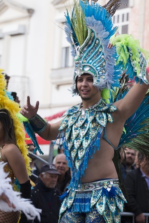 LOULE, PORTUGAL - FEB 2018: Colorful Carnival (Carnaval) Parade festival participants on Loule city, Portugal.のeditorial素材