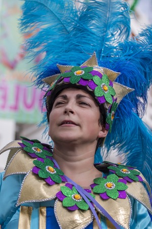 LOULE, PORTUGAL - FEB 2016: Colorful Carnival (Carnaval) Parade festival participants on Loule city,...