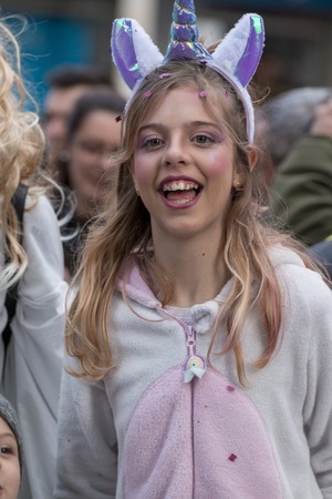 LOULE, PORTUGAL - FEB 2018: Colorful Carnival (Carnaval) Parade festival participants on Loule city, Portugal.のeditorial素材