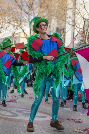 LOULE, PORTUGAL - FEB 2018: Colorful Carnival (Carnaval) Parade festival participants on Loule city, Portugal.のeditorial素材