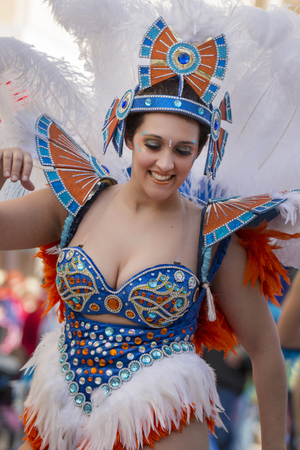 LOULE, PORTUGAL - FEB 2018: Colorful Carnival (Carnaval) Parade festival participants on Loule city, Portugal.のeditorial素材