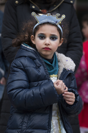 LOULE, PORTUGAL - FEB 2018: Colorful Carnival (Carnaval) Parade festival participants on Loule city, Portugal.のeditorial素材