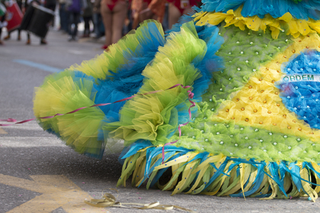 LOULE, PORTUGAL - FEB 2018: Colorful Carnival (Carnaval) Parade festival participants on Loule city, Portugal.のeditorial素材
