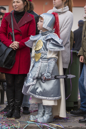 LOULE, PORTUGAL - FEB 2018: Colorful Carnival (Carnaval) Parade festival participants on Loule city, Portugal.のeditorial素材