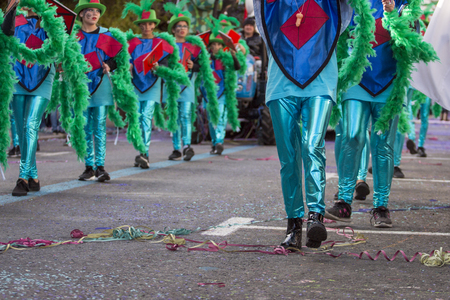 LOULE, PORTUGAL - FEB 2018: Colorful Carnival (Carnaval) Parade festival participants on Loule city, Portugal.のeditorial素材