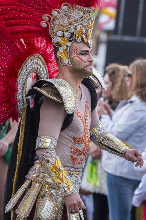 LOULE, PORTUGAL - FEB 2018: Colorful Carnival (Carnaval) Parade festival participants on Loule city, Portugal.のeditorial素材
