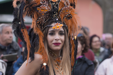 LOULE, PORTUGAL - FEB 2018: Colorful Carnival (Carnaval) Parade festival participants on Loule city, Portugal.のeditorial素材