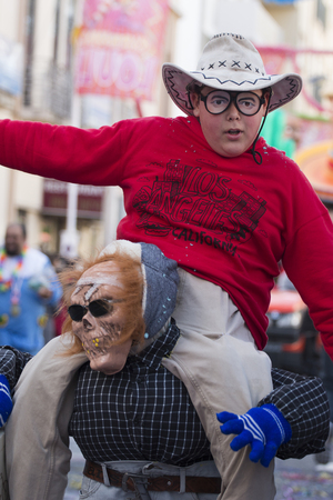 LOULE, PORTUGAL - FEB 2018: Colorful Carnival (Carnaval) Parade festival participants on Loule city, Portugal.のeditorial素材