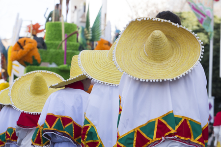 LOULE, PORTUGAL - FEB 2018: Colorful Carnival (Carnaval) Parade festival participants on Loule city, Portugal.のeditorial素材