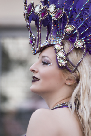 LOULE, PORTUGAL - FEB 2018: Colorful Carnival (Carnaval) Parade festival participants on Loule city, Portugal.のeditorial素材