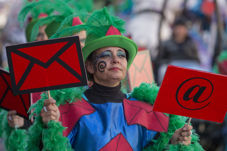 LOULE, PORTUGAL - FEB 2018: Colorful Carnival (Carnaval) Parade festival participants on Loule city, Portugal.のeditorial素材
