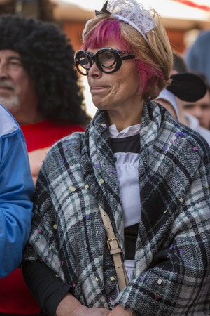 LOULE, PORTUGAL - FEB 2018: Colorful Carnival (Carnaval) Parade festival participants on Loule city, Portugal.のeditorial素材