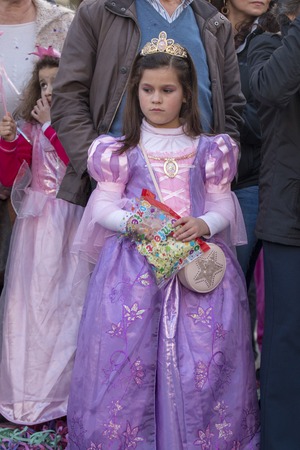 LOULE, PORTUGAL - FEB 2018: Colorful Carnival (Carnaval) Parade festival participants on Loule city, Portugal.のeditorial素材