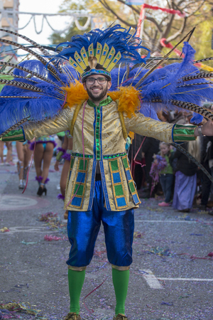 LOULE, PORTUGAL - FEB 2018: Colorful Carnival (Carnaval) Parade festival participants on Loule city, Portugal.のeditorial素材