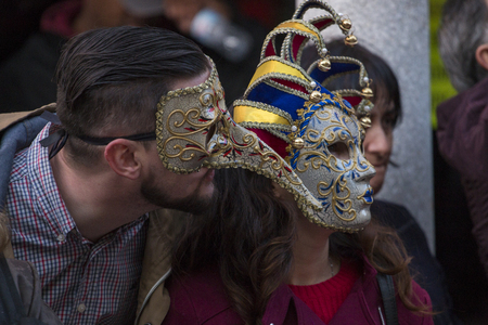 LOULE, PORTUGAL - FEB 2018: Colorful Carnival (Carnaval) Parade festival participants on Loule city, Portugal.のeditorial素材