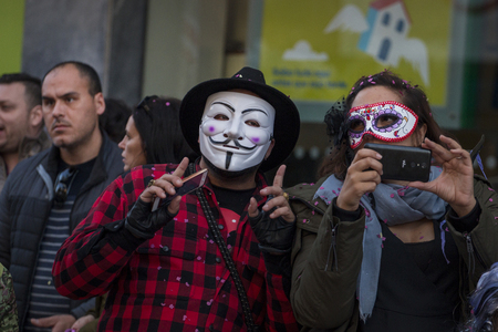 LOULE, PORTUGAL - FEB 2018: Colorful Carnival (Carnaval) Parade festival participants on Loule city, Portugal.のeditorial素材