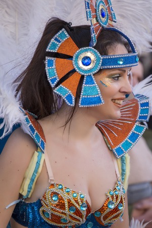 LOULE, PORTUGAL - FEB 2018: Colorful Carnival (Carnaval) Parade festival participants on Loule city,...
