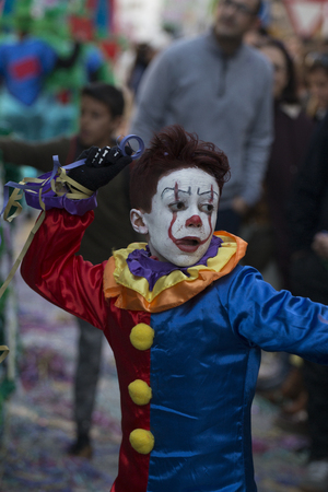 LOULE, PORTUGAL - FEB 2018: Colorful Carnival (Carnaval) Parade festival participants on Loule city, Portugal.のeditorial素材