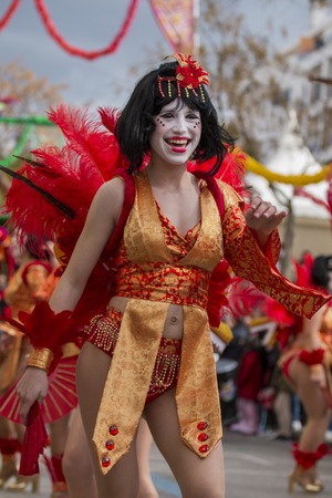 LOULE, PORTUGAL - FEB 2018: Colorful Carnival (Carnaval) Parade festival participants on Loule city, Portugal.のeditorial素材