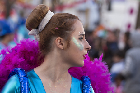 LOULE, PORTUGAL - FEB 2018: Colorful Carnival (Carnaval) Parade festival participants on Loule city, Portugal.のeditorial素材