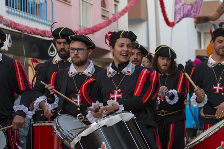 LOULE, PORTUGAL - FEB 2018: Colorful Carnival (Carnaval) Parade festival participants on Loule city, Portugal.のeditorial素材