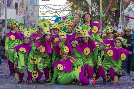 LOULE, PORTUGAL - FEB 2018: Colorful Carnival (Carnaval) Parade festival participants on Loule city, Portugal.のeditorial素材
