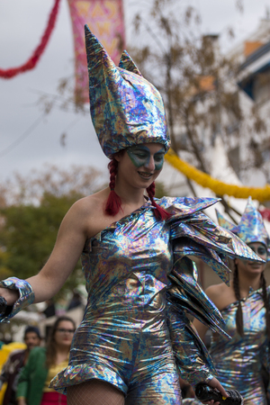 LOULE, PORTUGAL - FEB 2018: Colorful Carnival (Carnaval) Parade festival participants on Loule city, Portugal.のeditorial素材