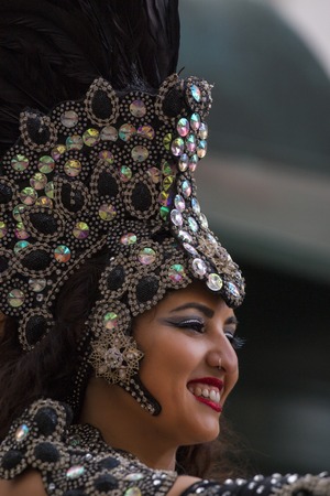 LOULE, PORTUGAL - FEB 2018: Colorful Carnival (Carnaval) Parade festival participants on Loule city, Portugal.のeditorial素材