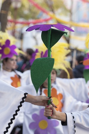 LOULE, PORTUGAL - FEB 2018: Colorful Carnival (Carnaval) Parade festival participants on Loule city, Portugal.のeditorial素材