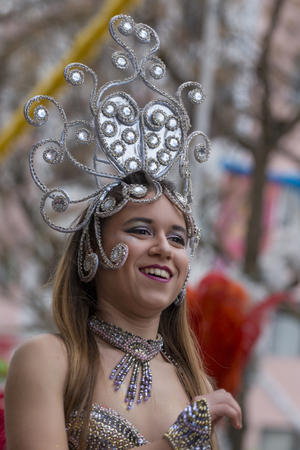 LOULE, PORTUGAL - FEB 2018: Colorful Carnival (Carnaval) Parade festival participants on Loule city, Portugal.のeditorial素材