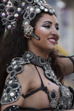 LOULE, PORTUGAL - FEB 2018: Colorful Carnival (Carnaval) Parade festival participants on Loule city, Portugal.のeditorial素材