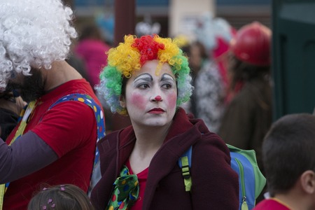 LOULE, PORTUGAL - FEB 2018: Colorful Carnival (Carnaval) Parade festival participants on Loule city, Portugal.のeditorial素材