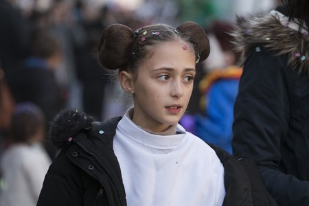 LOULE, PORTUGAL - FEB 2018: Colorful Carnival (Carnaval) Parade festival participants on Loule city, Portugal.のeditorial素材