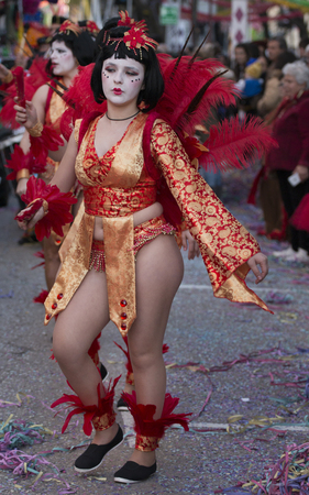 LOULE, PORTUGAL - FEB 2018: Colorful Carnival (Carnaval) Parade festival participants on Loule city, Portugal.のeditorial素材