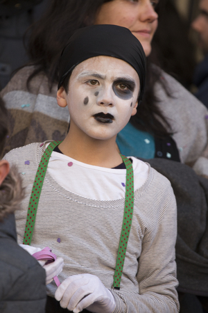 LOULE, PORTUGAL - FEB 2018: Colorful Carnival (Carnaval) Parade festival participants on Loule city, Portugal.のeditorial素材